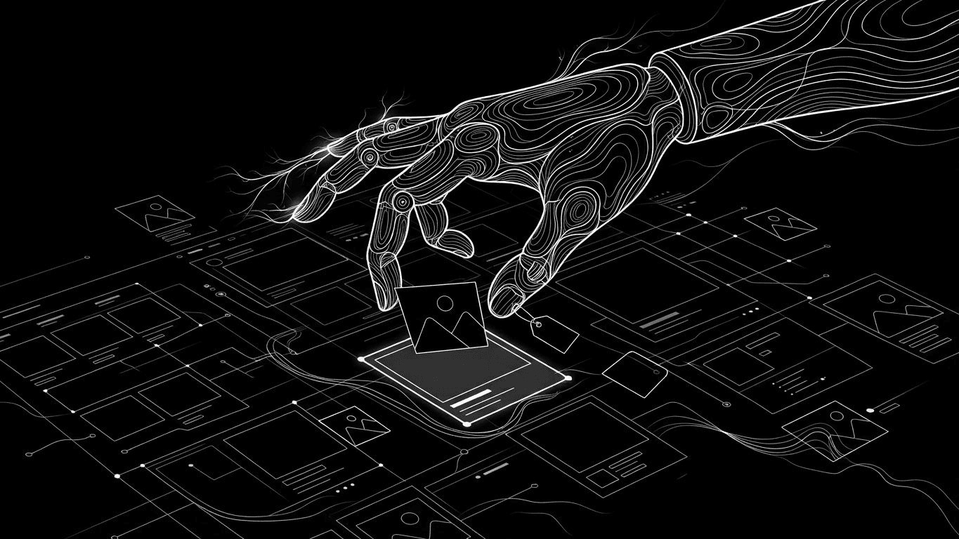 Robotic hand organizing tags and images on a digital Shopify catalog grid.
