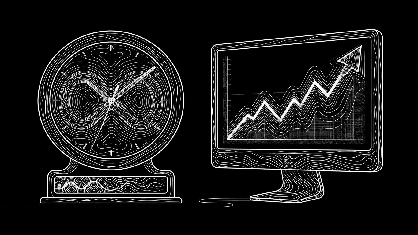A clock with the Meta logo and a monitor showing rising profit graphs, symbolizing overnight ad optimization.