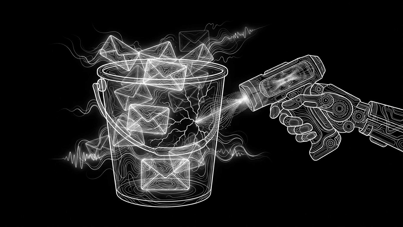 A mechanical hand scanning and repairing a leaking bucket filled with digital mail icons.
