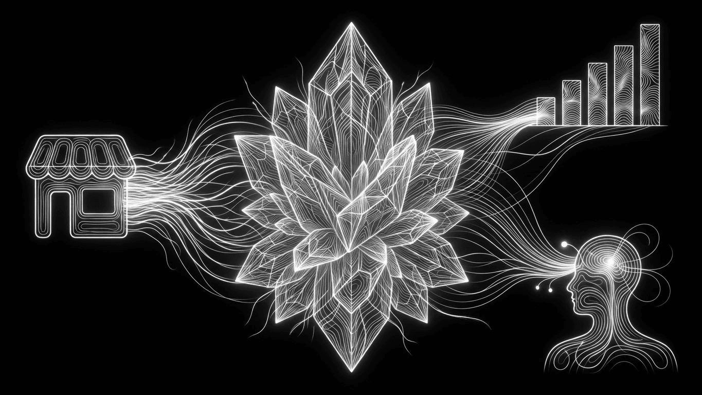 A digital graph connecting commerce, data, and audience icons into a central glowing memory core.