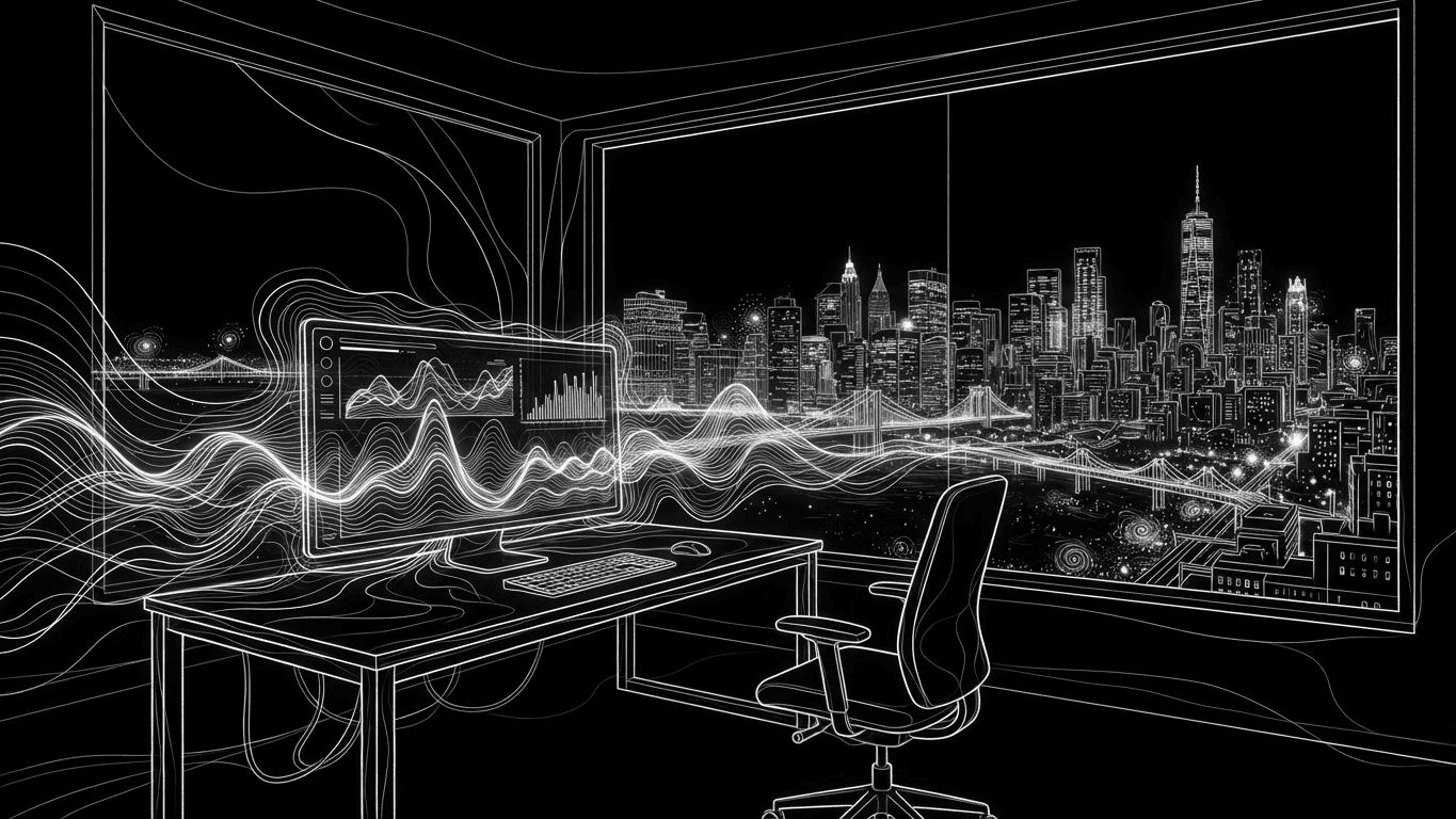 An illuminated computer dashboard showing real-time data charts in a dark office at night.