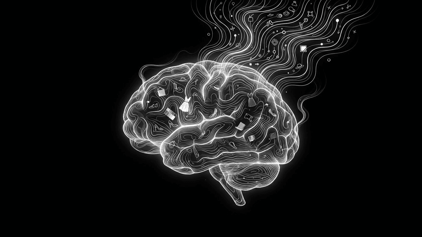 A digital brain containing brand assets connected by glowing data lines.