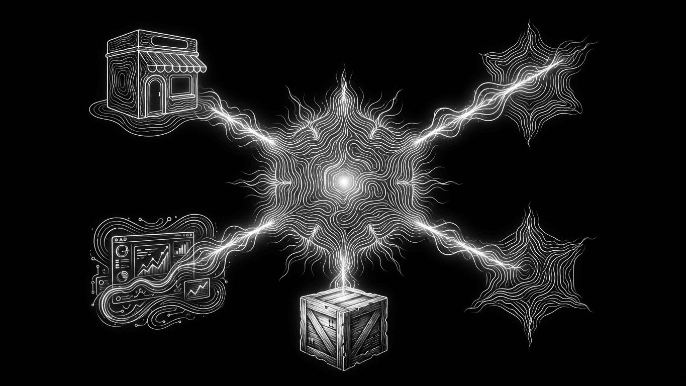 A central digital hub distributing signals to six surrounding operational icons representing commerce and marketing.