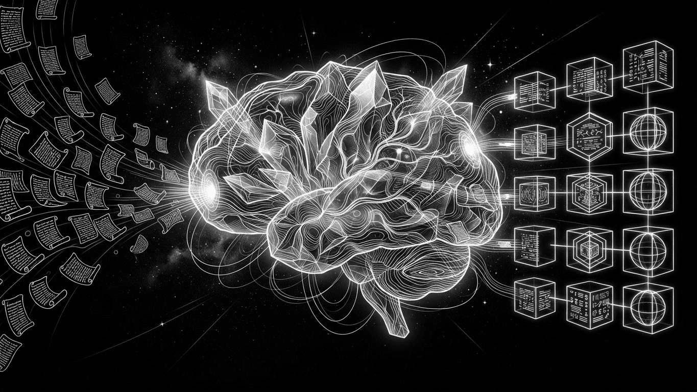 A crystal brain sorting floating pages into organized glowing cubes.