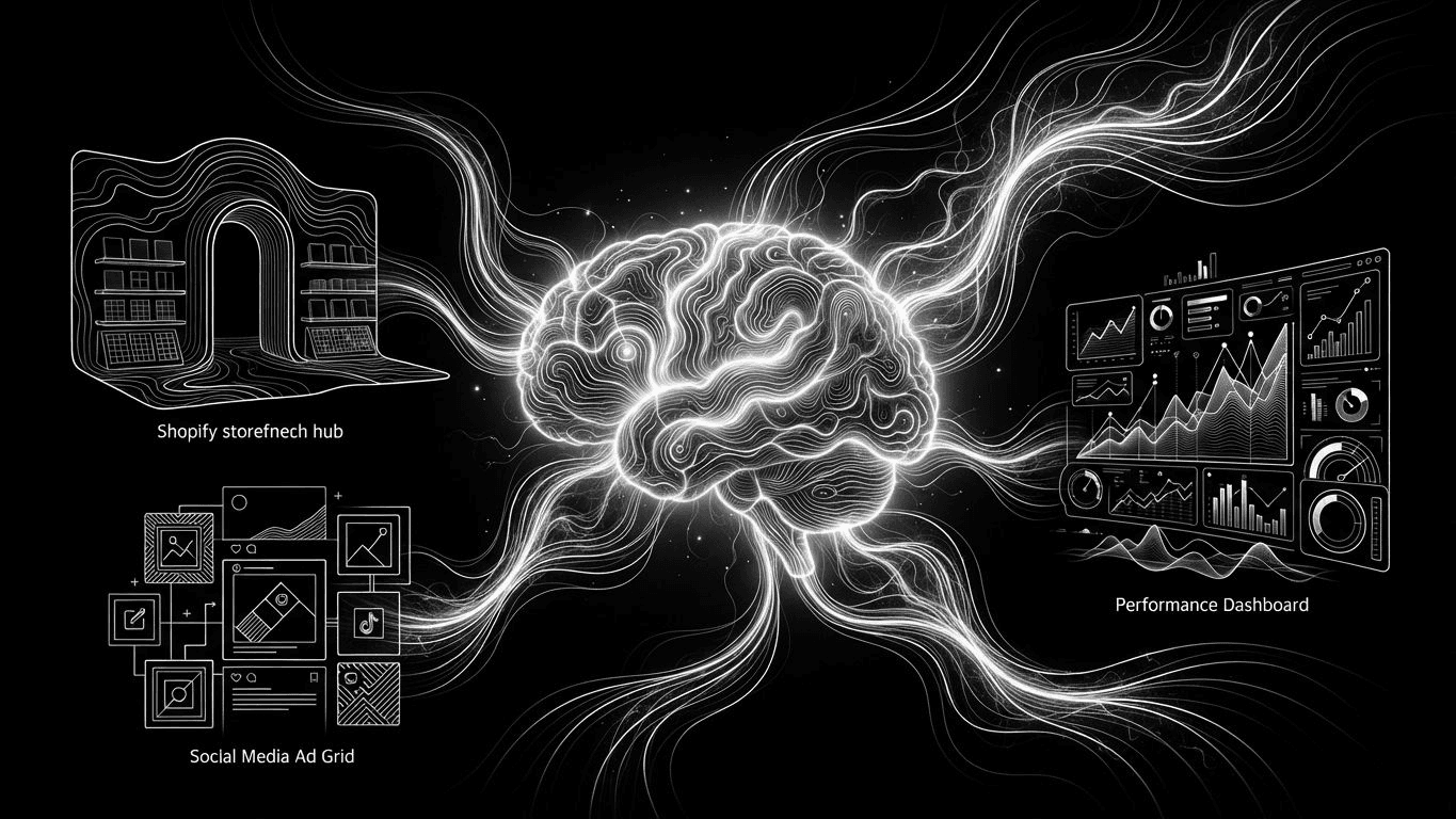 A central Brand Memory hub connecting to a Shopify store and marketing dashboards.