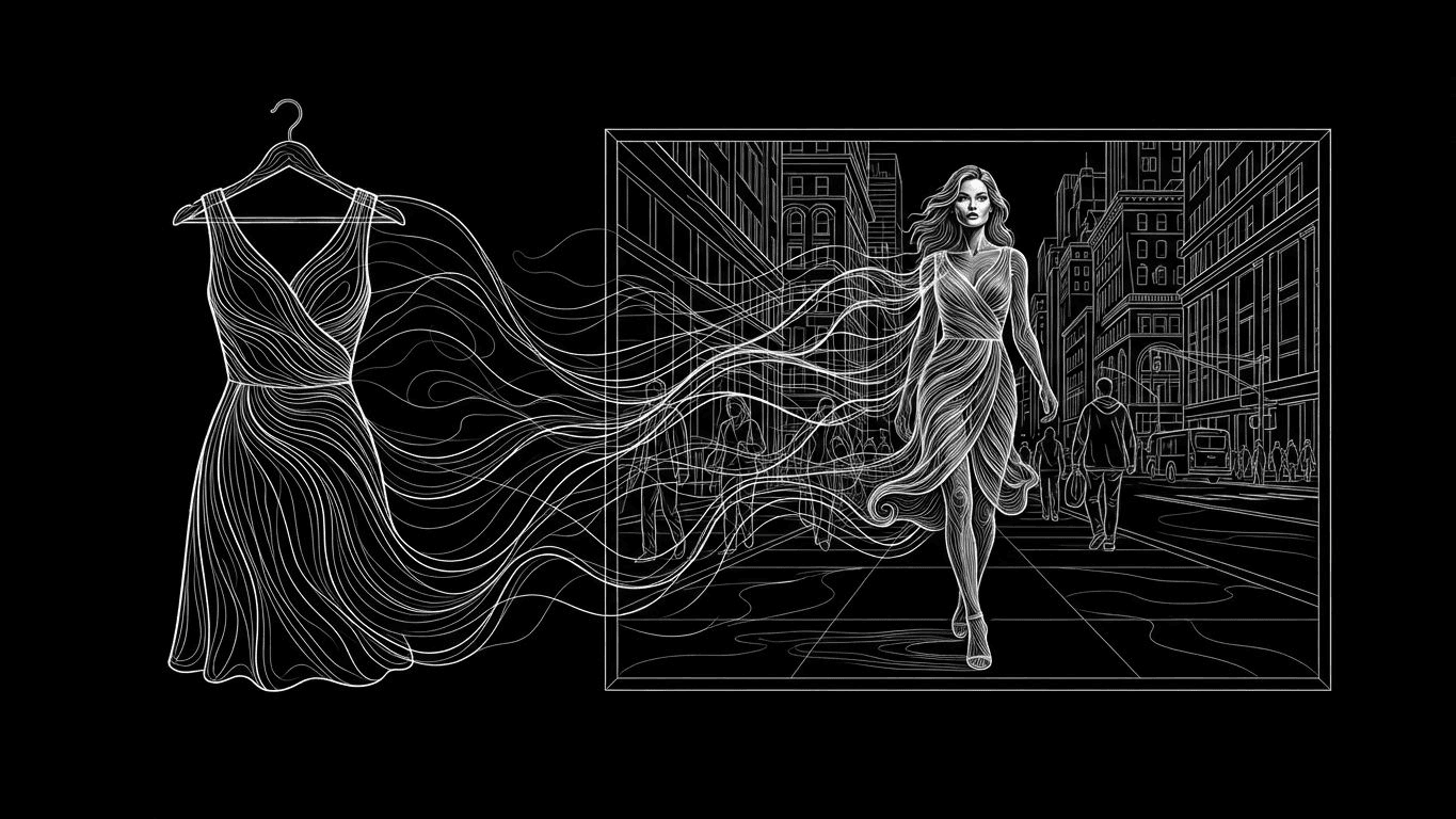 A plain dress on a hanger morphing into a professional lifestyle photo within a digital viewfinder.