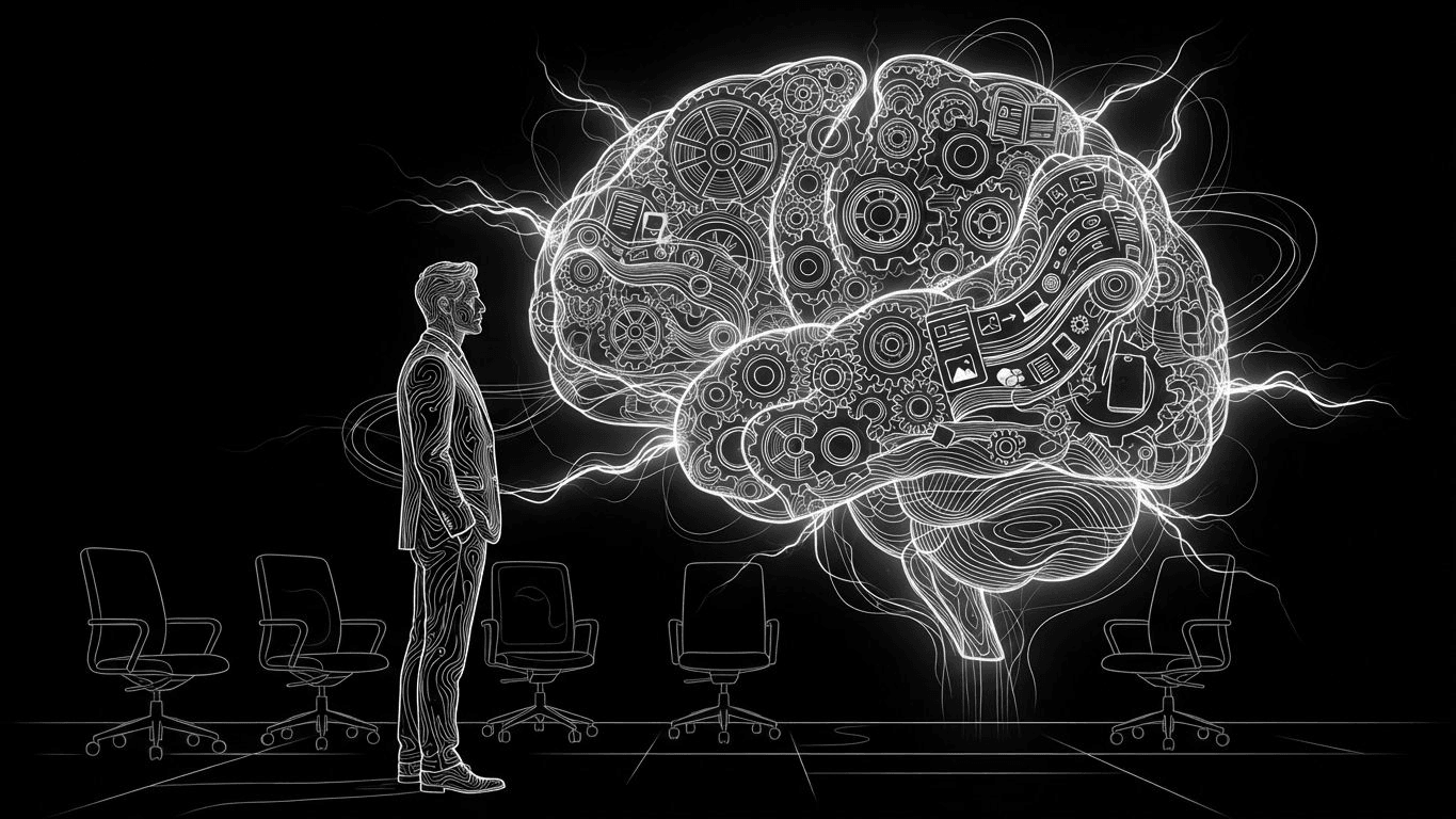 A leader interacting with a holographic digital brain representing centralized brand memory and AI marketing operations.