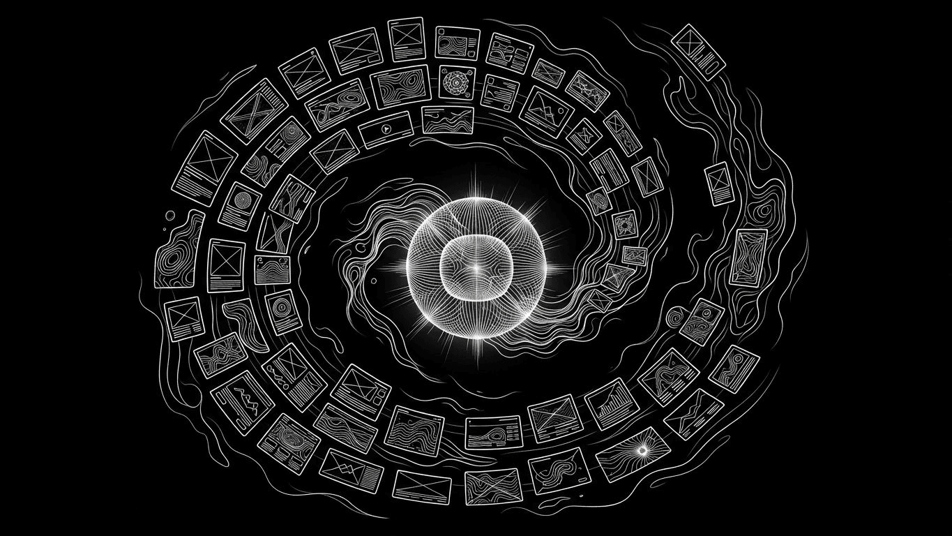 A circular diagram showing dozens of different ad variations flowing into a central data core.