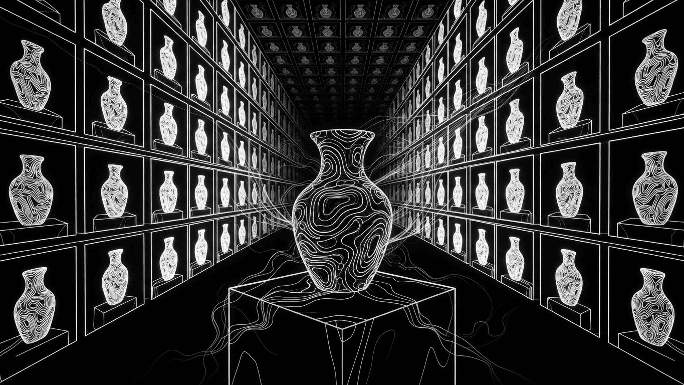 A single product on a pedestal next to a vast digital grid of diverse product images representing scale.