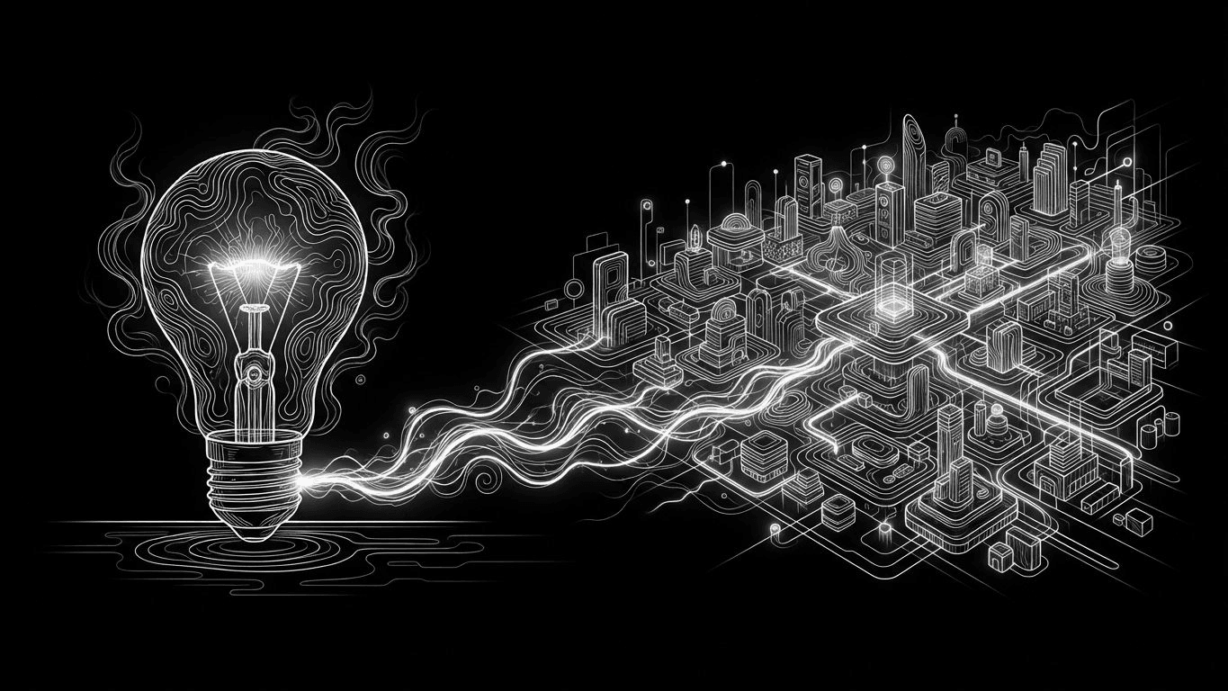 A lightbulb and a vast power grid city representing the difference between general AI and infrastructure.