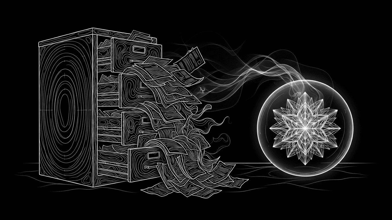 A cluttered filing cabinet next to a glowing glass sphere containing a geometric crystal.