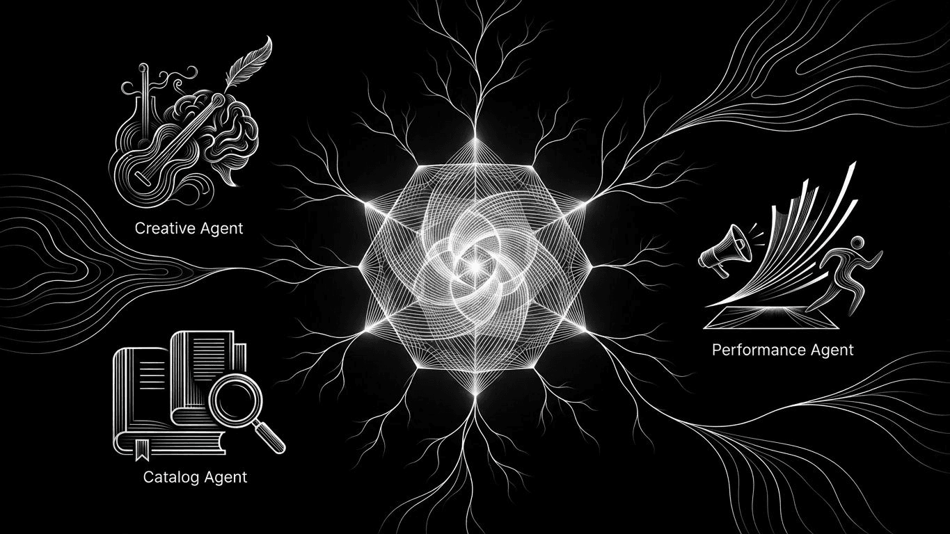 A central glowing hub connected to three AI agent icons by data lines, symbolizing a shared brand memory.