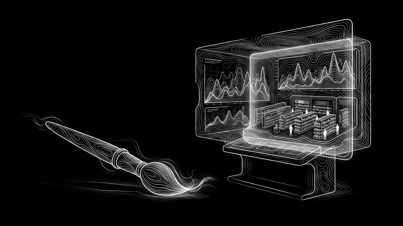 A paintbrush next to a holographic command center with ecommerce sales data and a small store model.