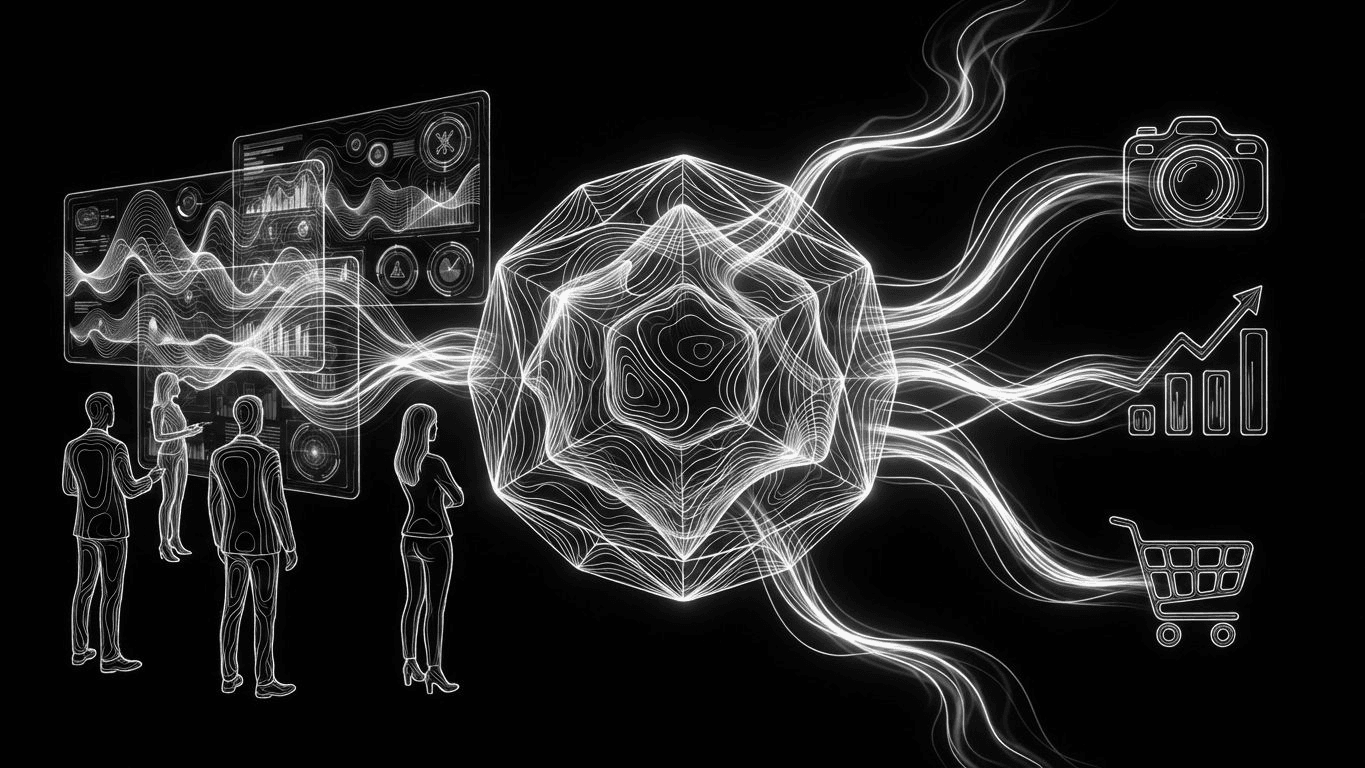 A central data core connecting creative, performance, and store management icons with human and digital figures.