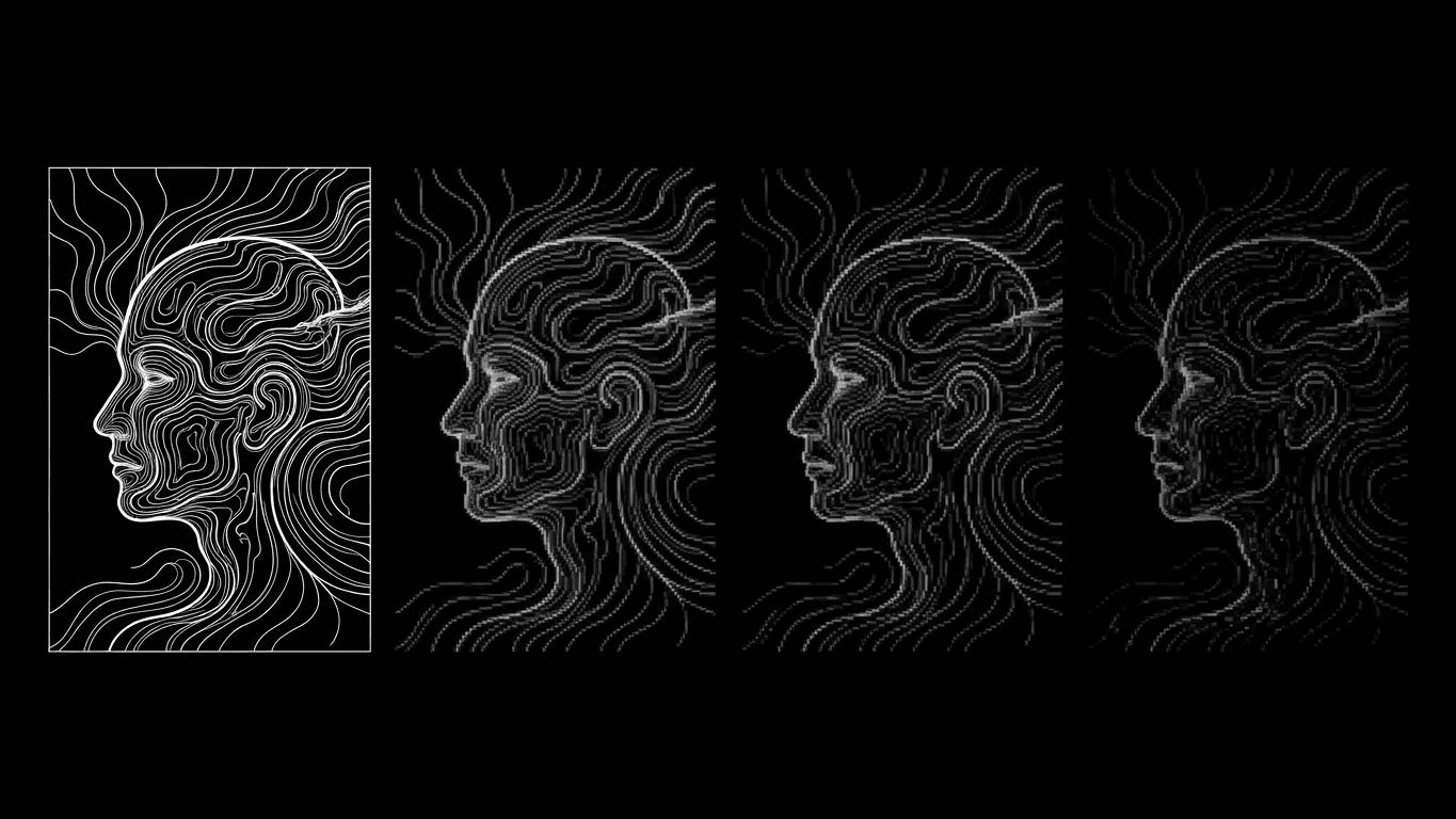 A row of digital ad displays showing a single creative asset gradually fading and pixelating from left to right.