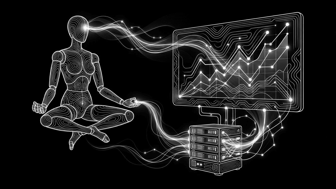 A fashion mannequin linked via digital nodes to a performance growth dashboard.