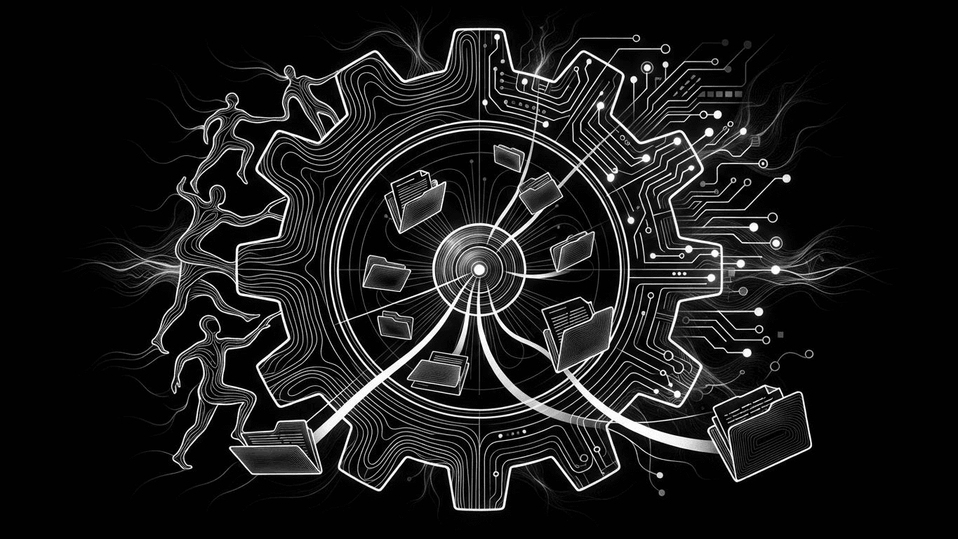 A gear combining human and digital silhouettes, unifying separate agency folders into one cohesive system.