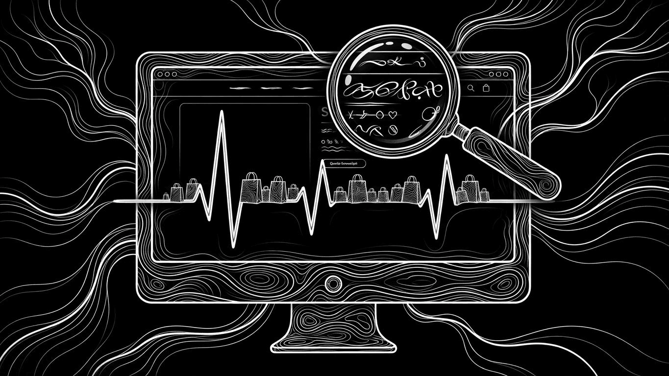 A digital monitor displaying store vitals as a pulse line of shopping bags, with a magnifying glass over a product page.