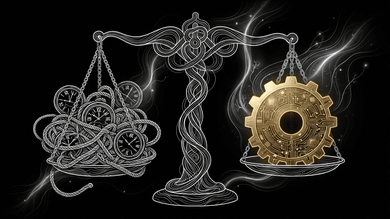 A scale weighing four tangled clocks against a single golden digital gear.