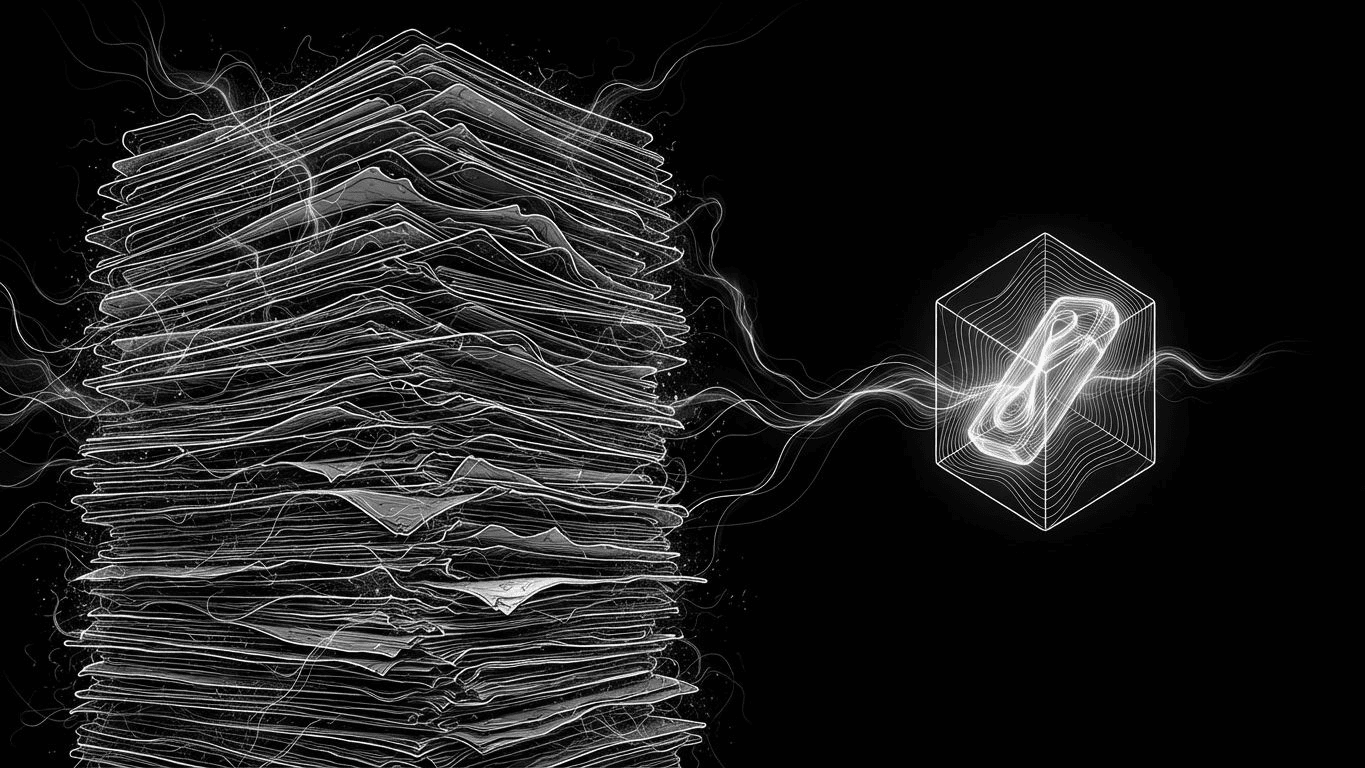 Dusty agency folders contrasted with a glowing digital crystal representing unified brand memory.