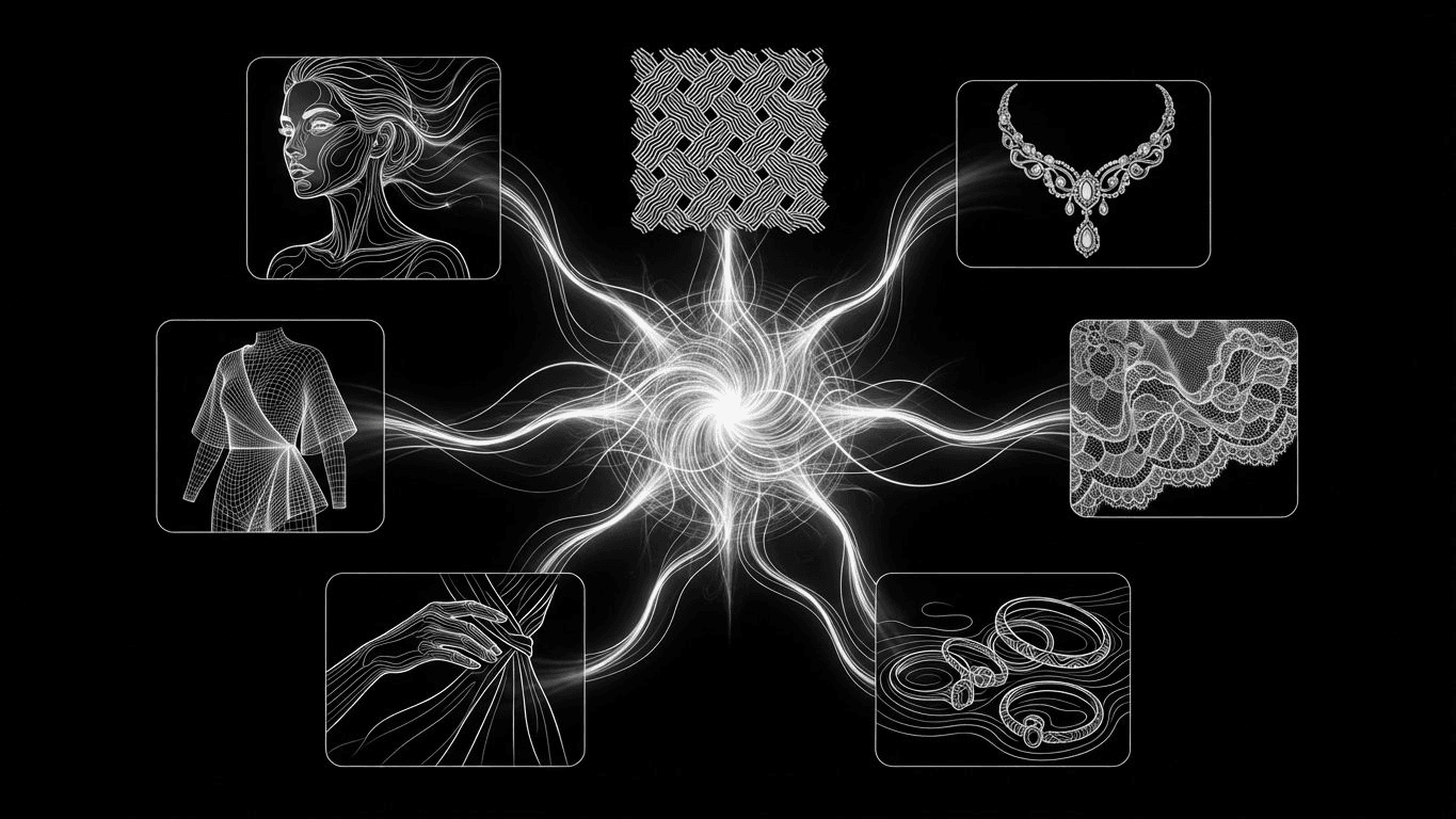 Seven digital workflow modules for fashion, textures, and jewelry connecting to a central Brand Memory core.