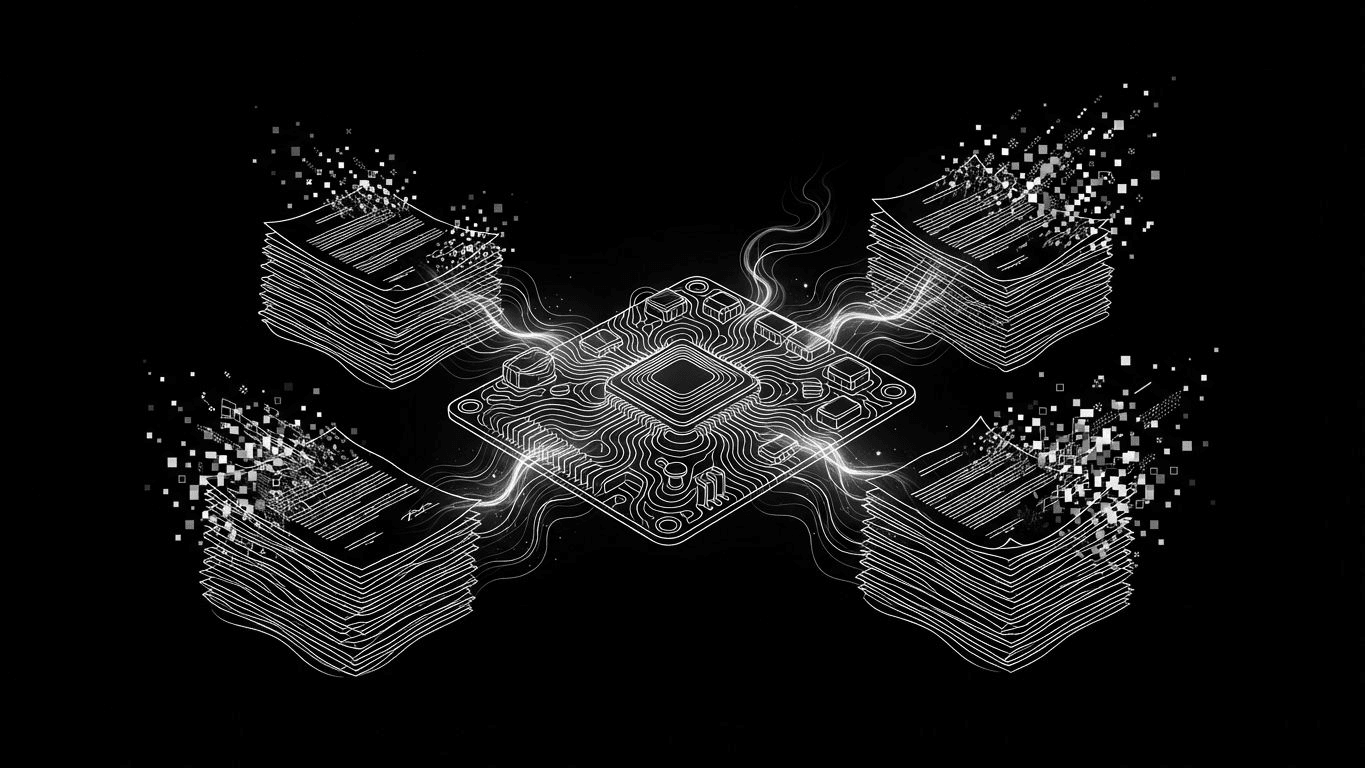 A central ShopOS circuit board surrounded by four dissolving stacks of agency paperwork.
