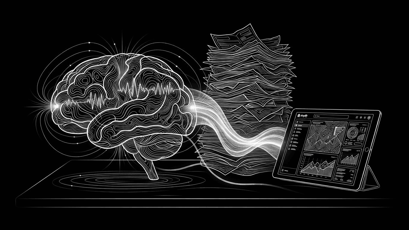 Mechanical brain with digital connections next to discarded agency contracts and a Shopify dashboard.