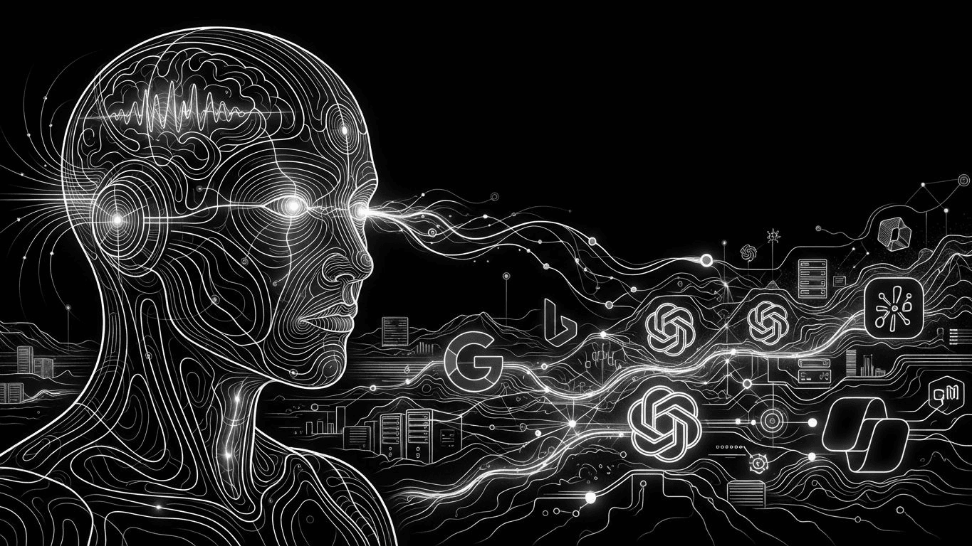 A large mechanical head inspecting a network of AI search engine icons and data visualizations.