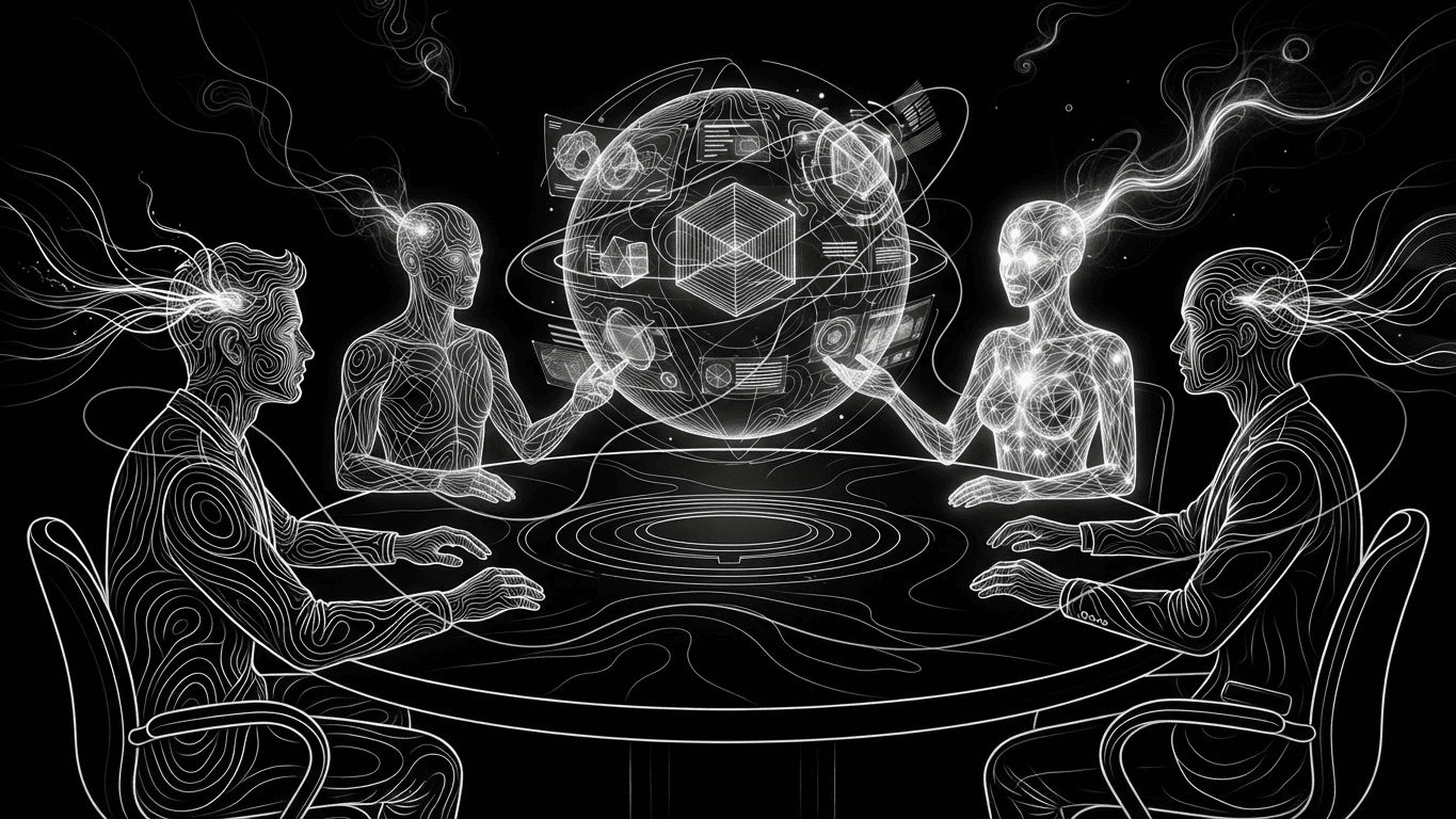 Human professionals and digital AI avatars collaborating around a holographic interface for e-commerce management.