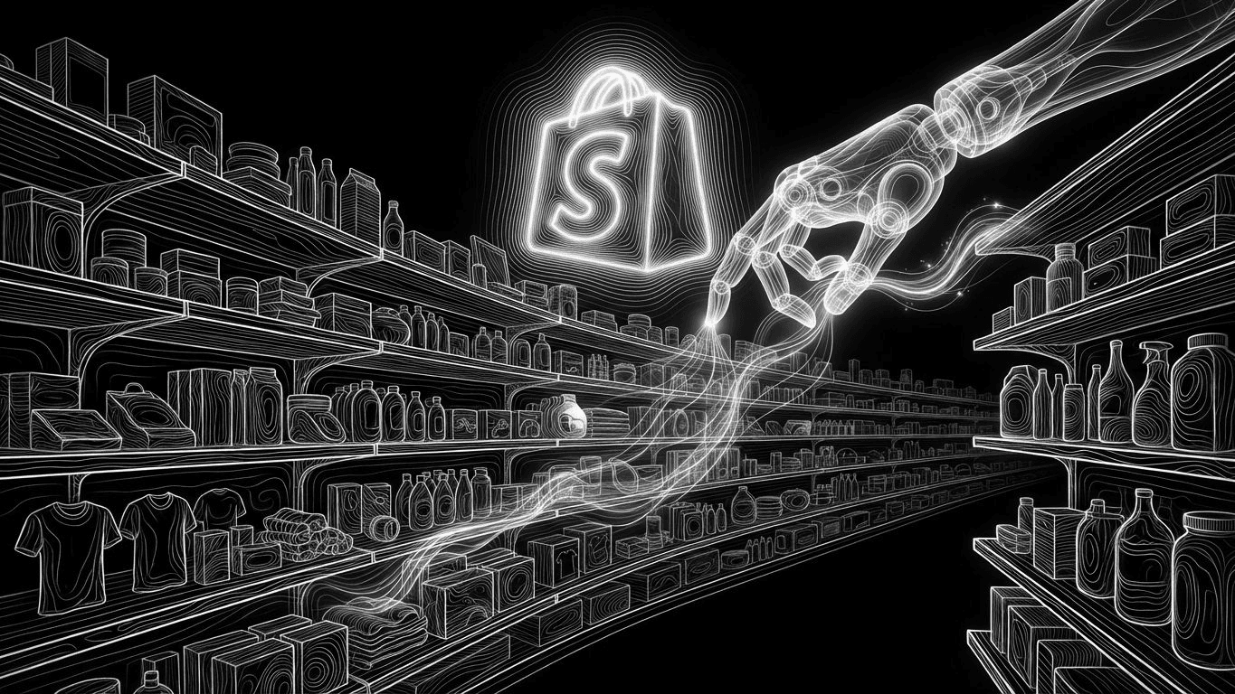 An AI agent organizing a vast library of products on shelves with the Shopify logo.