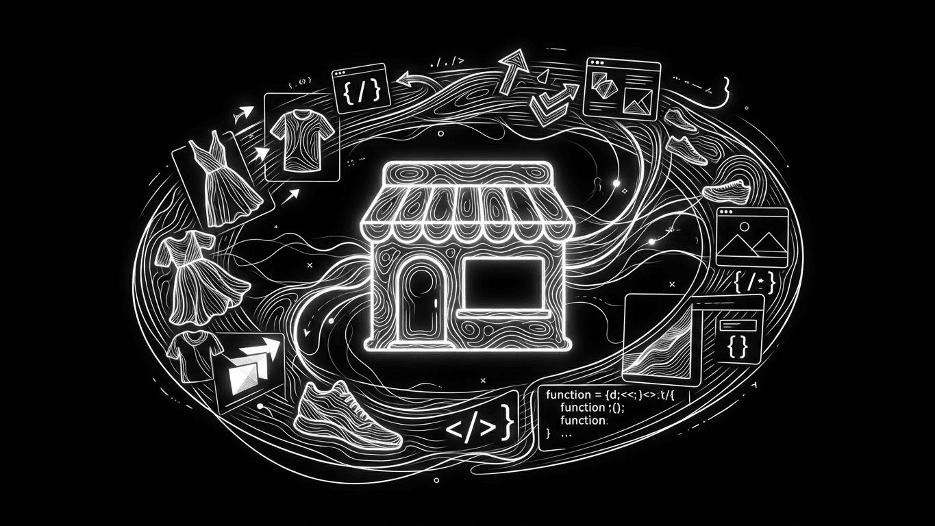 A digital storefront icon surrounded by floating images of fashion catalog items and social media ad creatives.