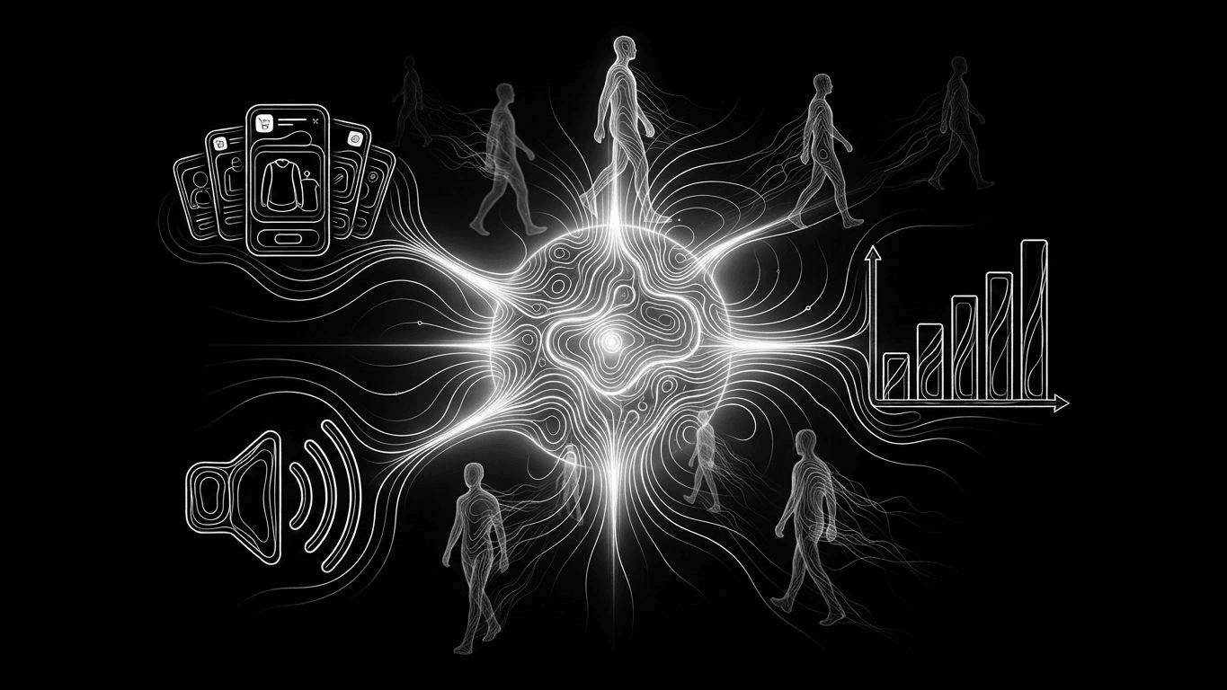 A glowing central hub of brand information remains bright as human silhouettes walk away into the distance.