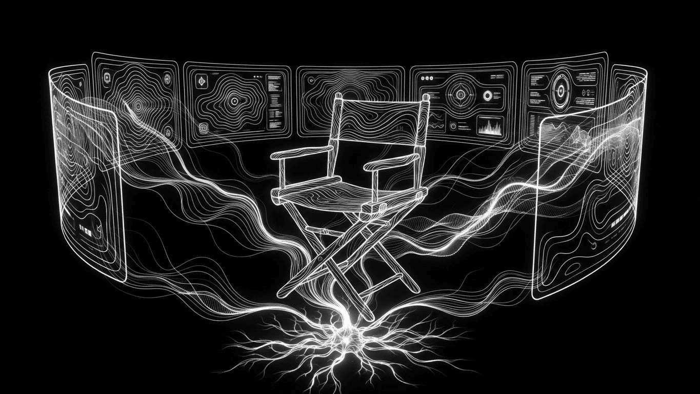 A digital director's chair facing screens of brand content, connected by glowing data streams to a central memory node.