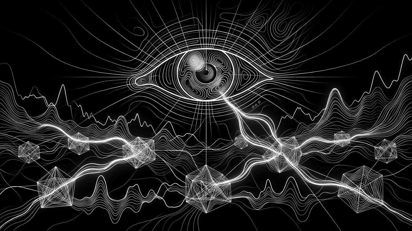 A digital eye monitoring a network of ad campaign nodes and live performance charts.