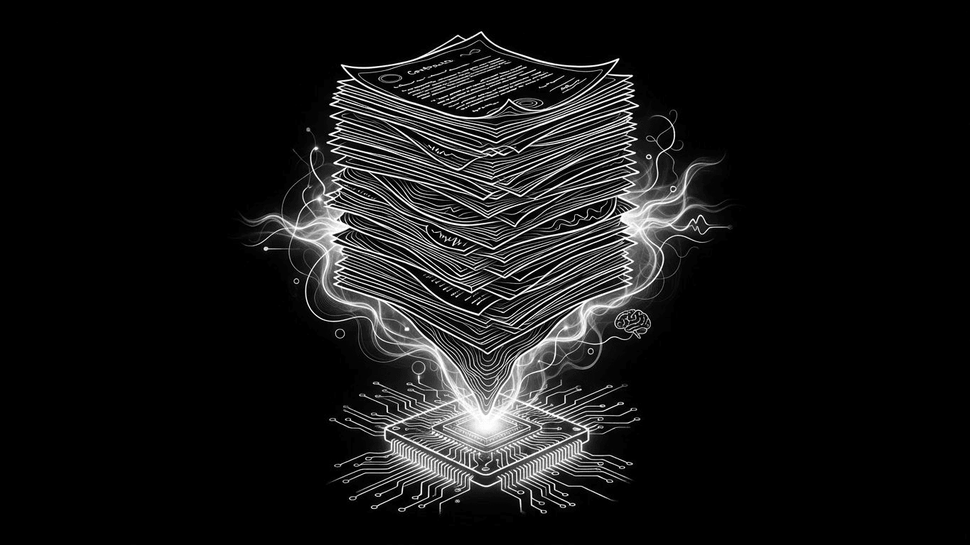 A large stack of paper contracts balancing on a small glowing microchip.