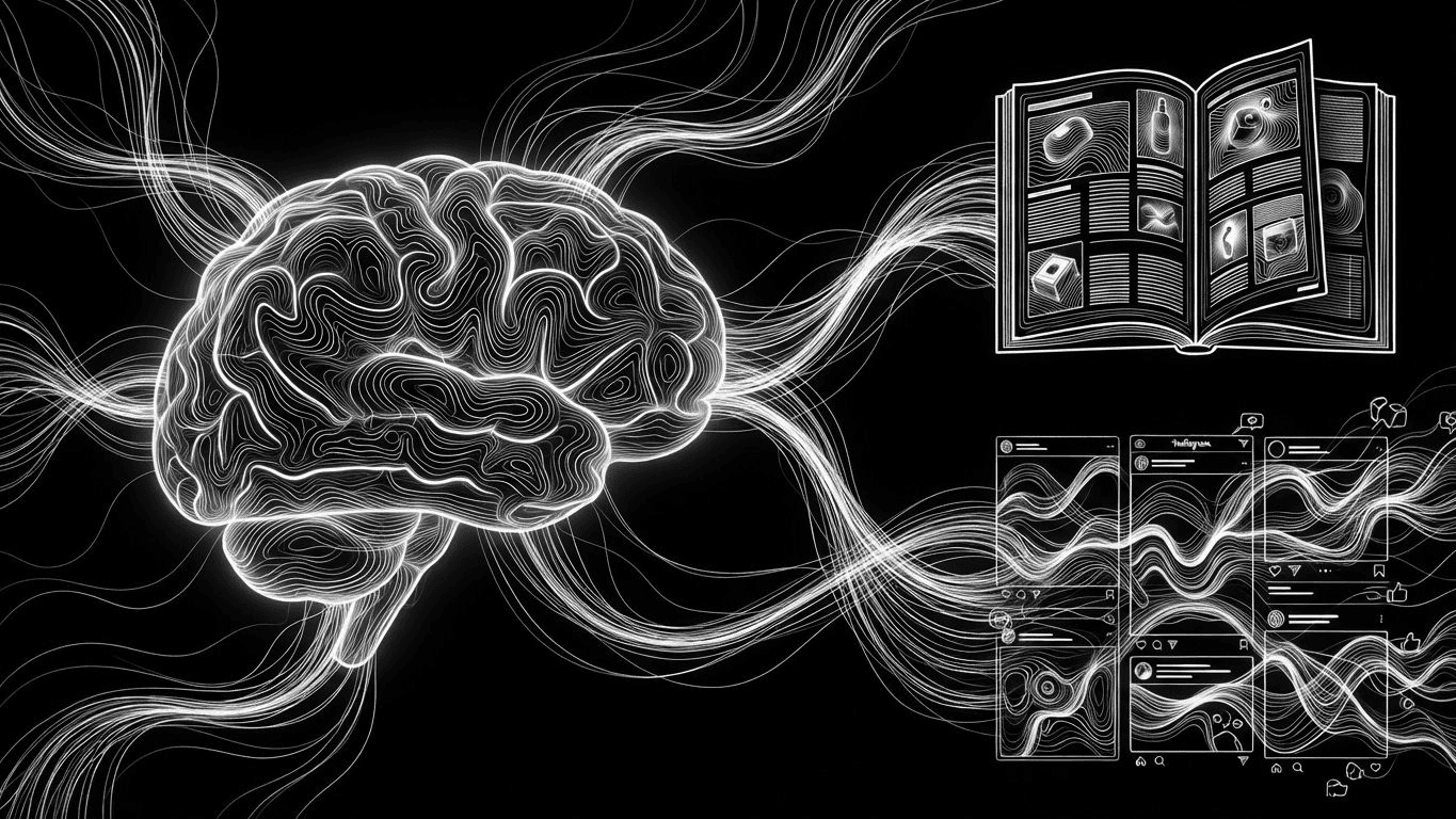 A glowing digital brain connected to a product catalog and social media posts, symbolizing AI-driven brand memory.