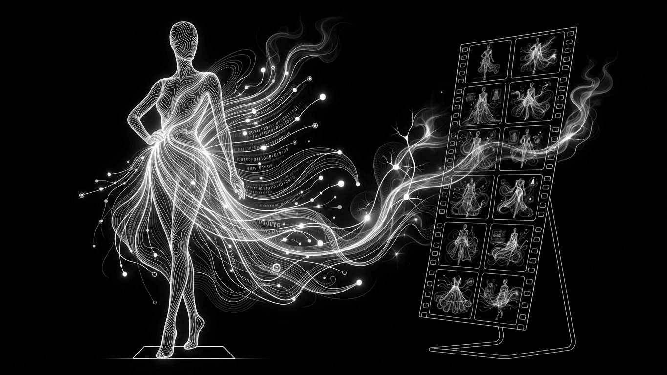A mannequin wearing a data-mesh dress next to a film strip lookbook, representing AI-driven fashion branding.