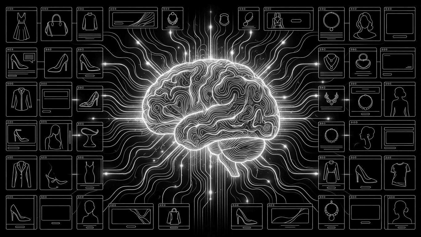 A digital brain icon connected to a grid of consistent fashion photography and social media ad layouts.