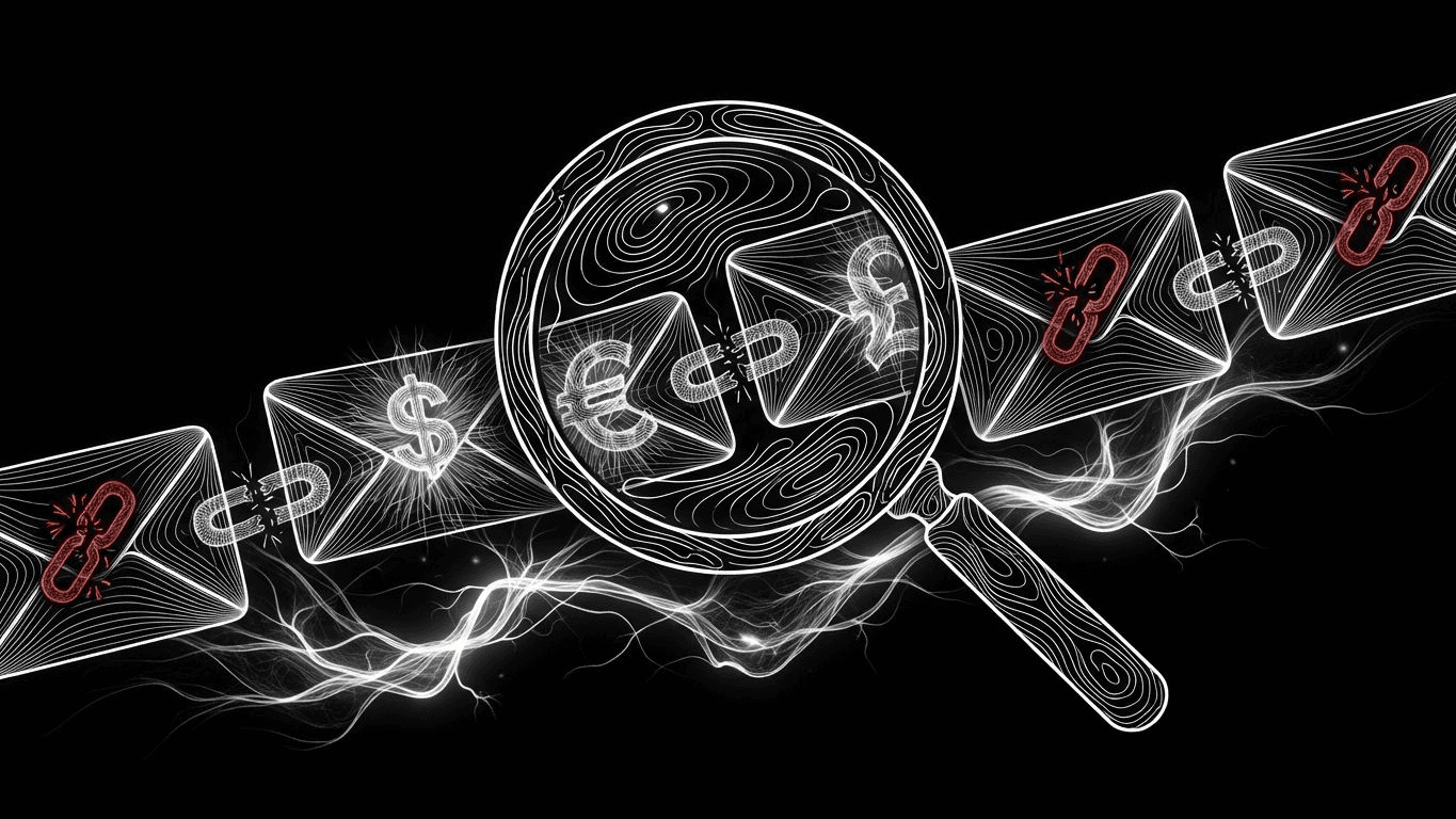 A magnifying glass inspecting a sequence of email envelopes with icons for revenue and broken links.