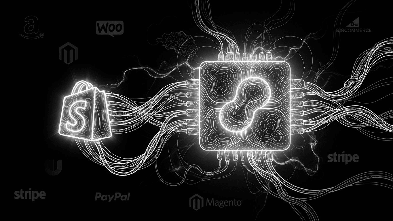 A Shopify logo wired into a central machine while other platform logos sit disconnected in the background.