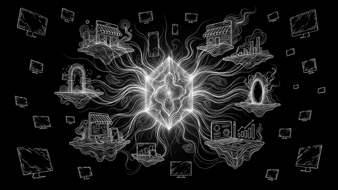 A glowing central core connected to multiple digital commerce screens, representing unified Brand Memory versus isolated tools.