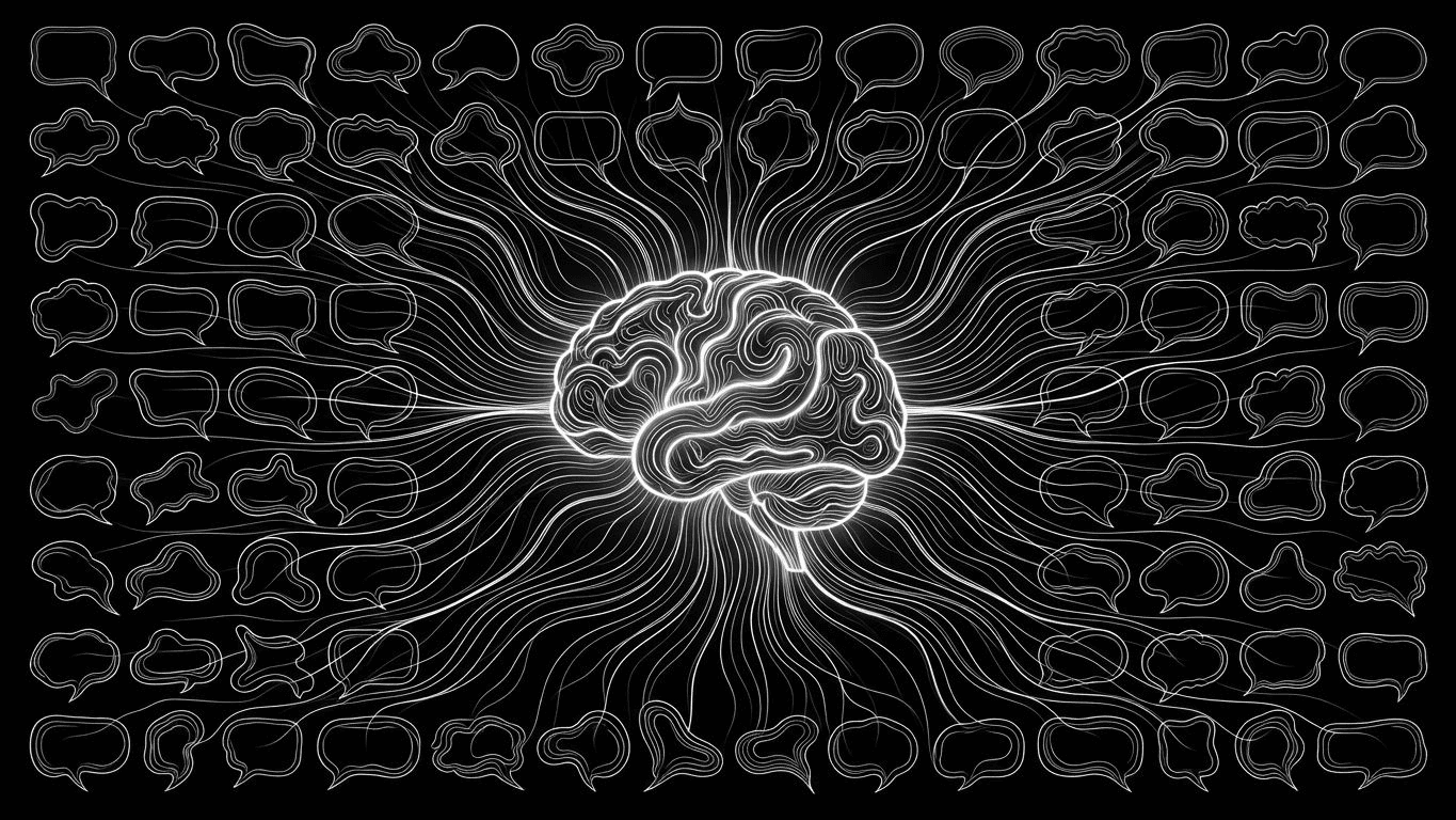Digital brain processing a grid of 100 ad hooks into a funnel representing creative testing.