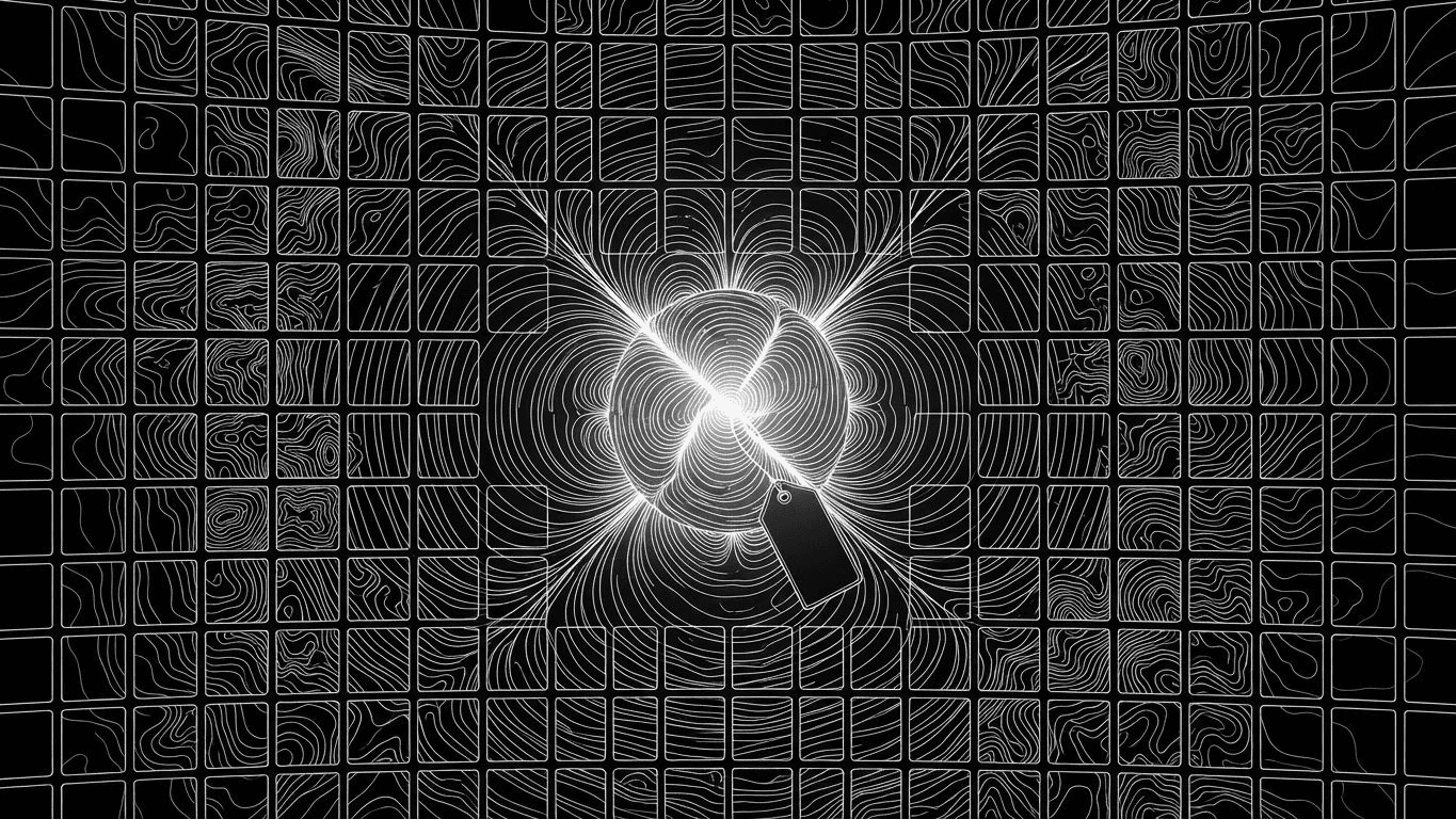 A vast grid of unique digital tiles expanding from a central core, representing automated ad variants.