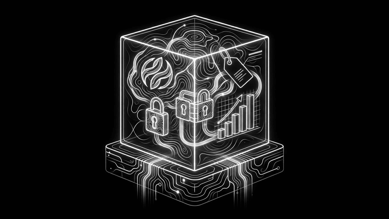 A 3D graph of brand assets inside a locked glass cube, representing isolated and secure brand data.