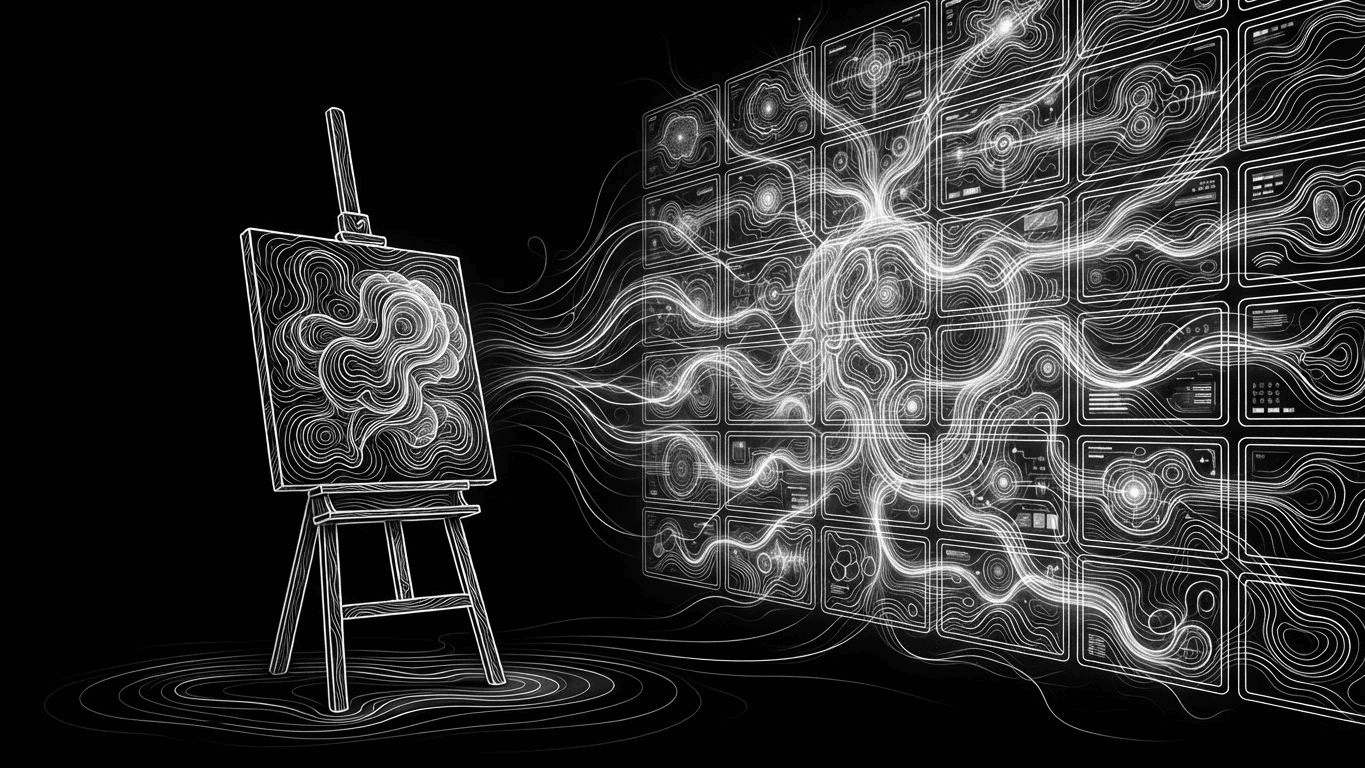 A comparison between a single art easel and an expansive, organized digital grid of product photography.