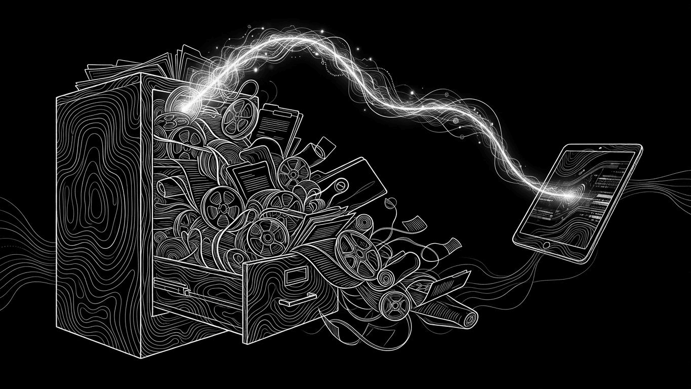 A metal filing cabinet bursting with papers next to a modern tablet receiving a clean stream of digital data.