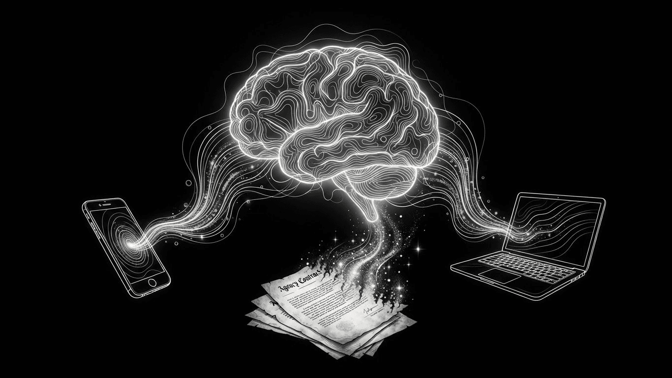 Digital brain icon connecting e-commerce devices as paper contracts fade away.