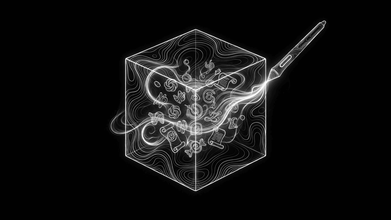 A translucent cube of brand assets connected by light-trails to a digital stylus, representing brand-aware AI creation.