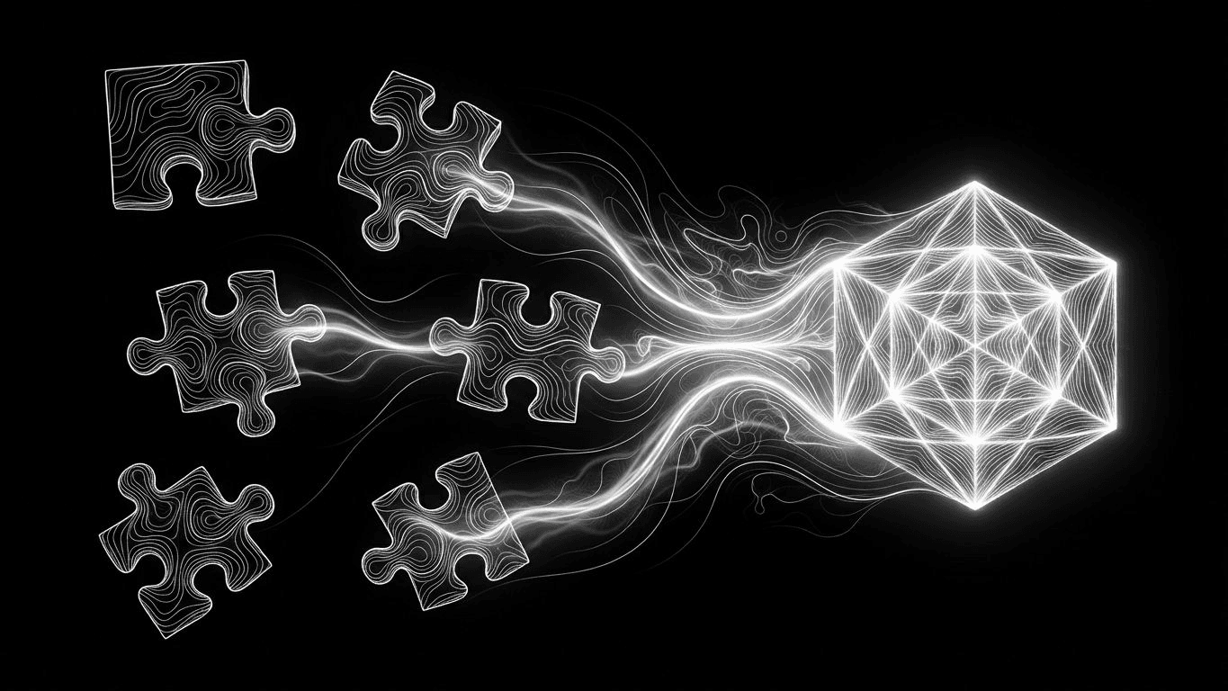 Five scattered puzzle pieces merging into one glowing central hub, symbolizing agency consolidation.