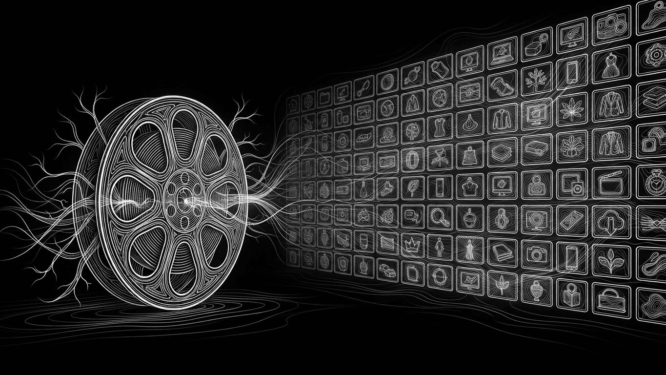 A gold film reel contrasted against a massive, structured grid of smaller digital video screens showing products.